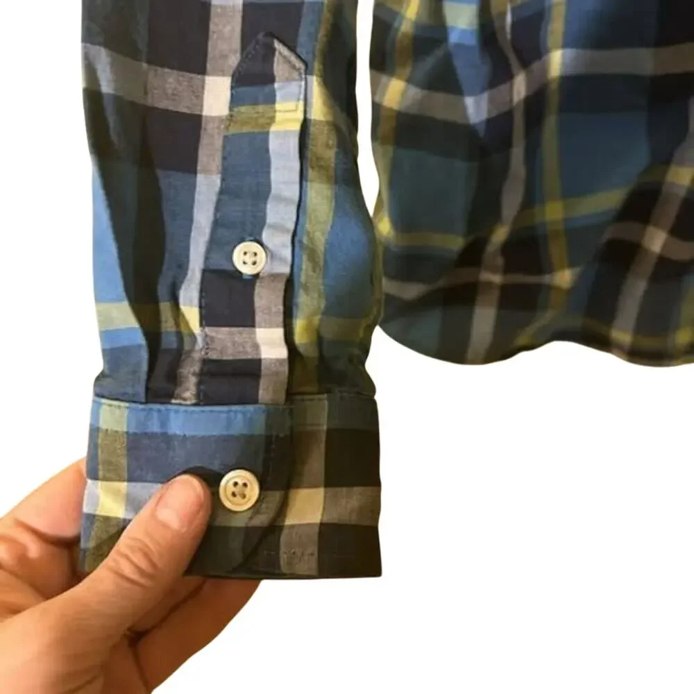 Cat & Jack Boys Blue Green Plaid Button Down S 6/7 FLAW